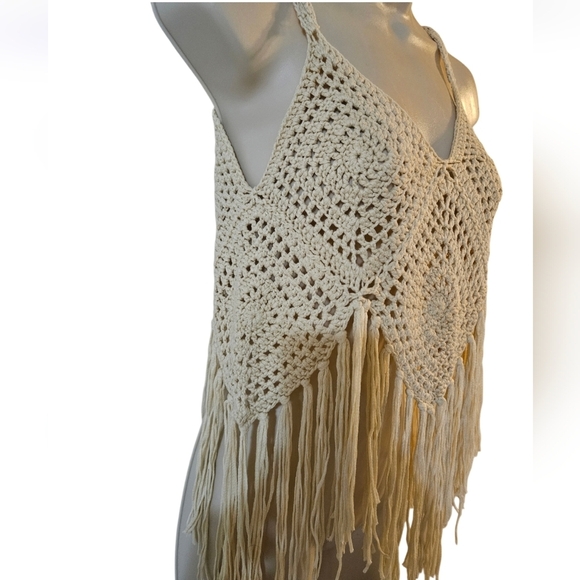 Hand Crafted Granny Square Crochet Top Summer Swimwear Beige Handmade Rhombus - Picture 6 of 17